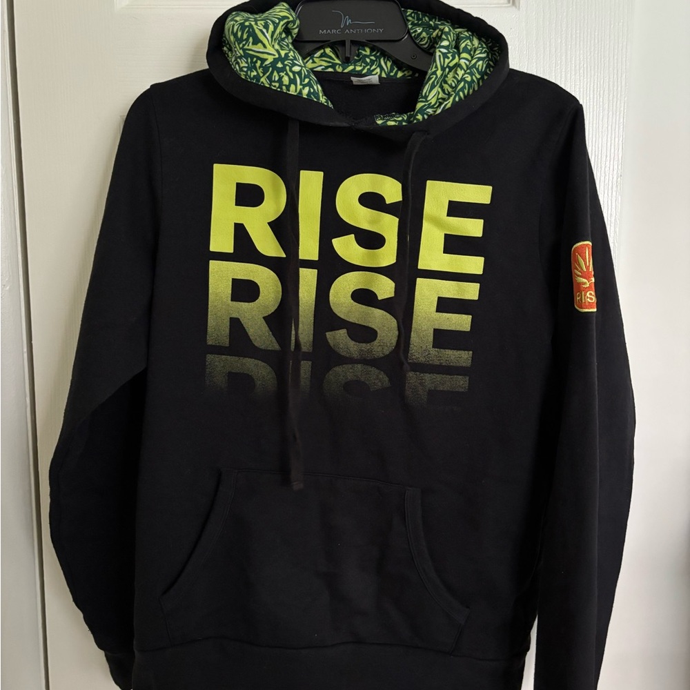 RISE Dispensaries Black and Green Logo Hoodie with Rise Patch and Printed Hood